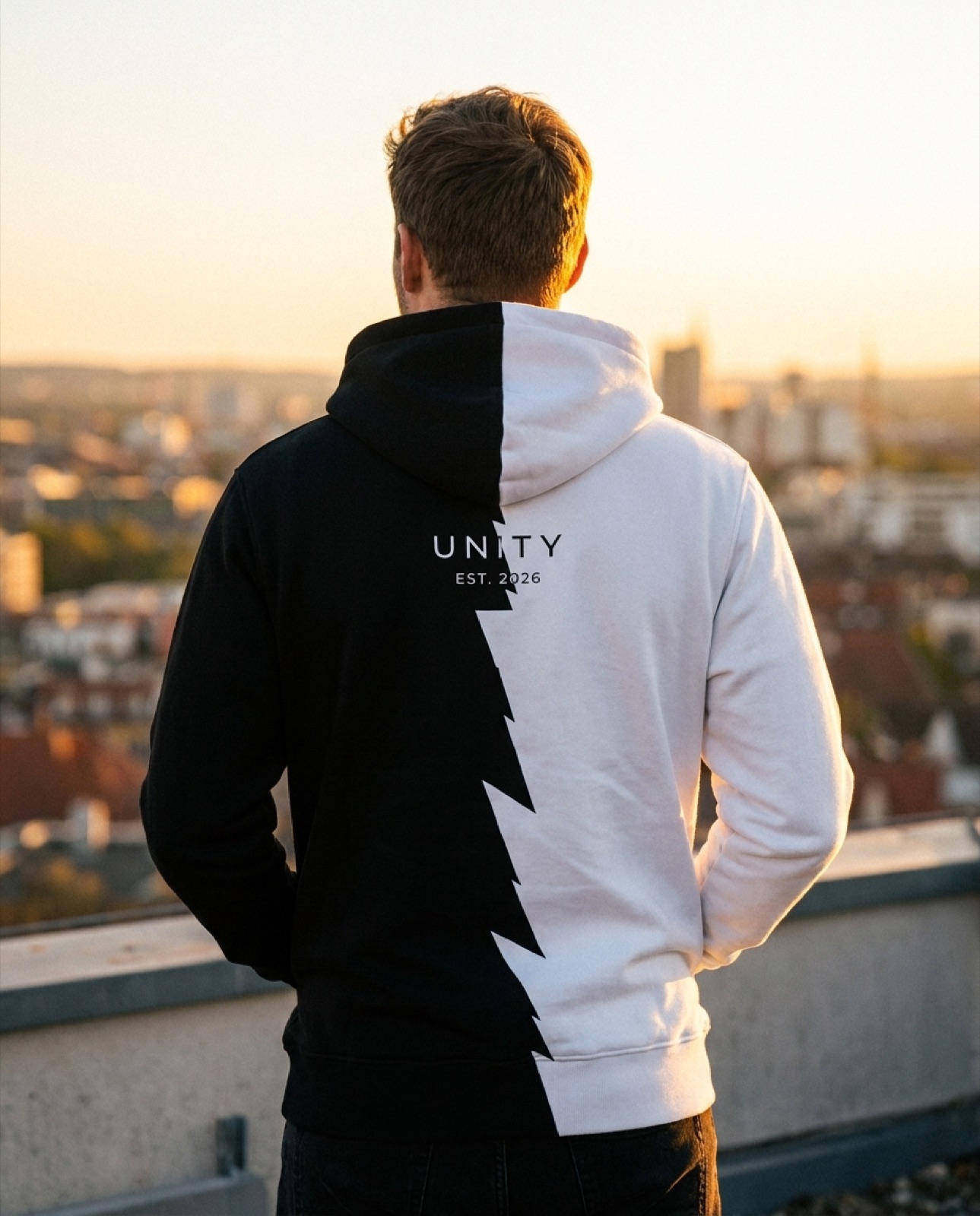 Back of the UNITY hoodie at golden hour — UNITY EST. 2026 print