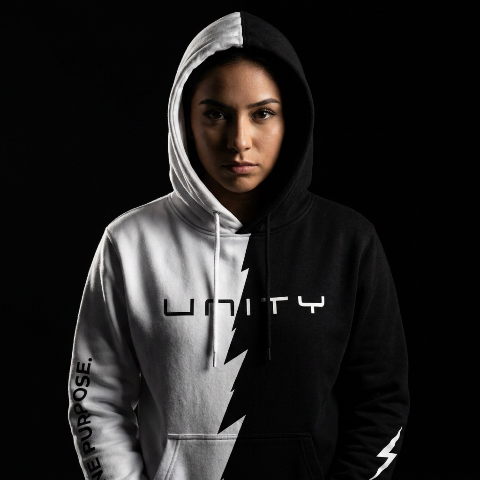 Studio portrait, hood up, split lighting across the UNITY hoodie