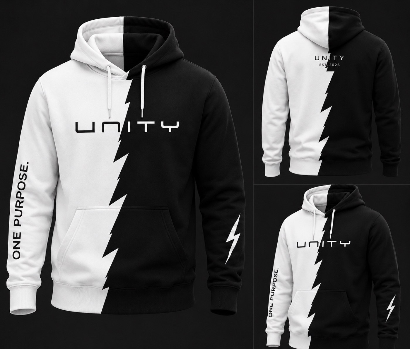 UNITY split hoodie — front, back and detail views: white and black halves joined by a lightning bolt seam